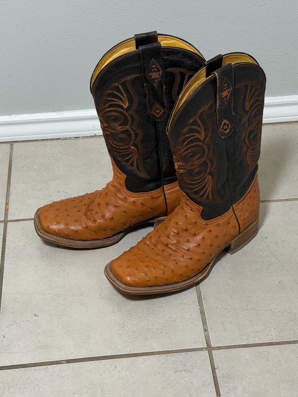 Mexican Skin Western Ostrich Orange Leather Cowboy Boots Brown Shaft size 10.5